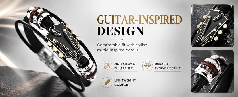 Retro Guitar Leather Bracelet for Man Women Unique Bead Braided Handmade Ethnic Tribal Cuff Multi-Layer Cords Wrap Music Shape Punk Rock Jewelry Gifts Wristband B0DXQF42VT