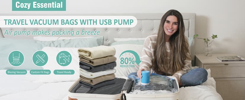 8 Pack Travel Vacuum Storage Bags with Rechargeable Wireless Electric Pump for Luggage, Suitcase, Carry-on Size Vacuum Seal Compression Space Saver Bags for Clothes and Clothing Travel