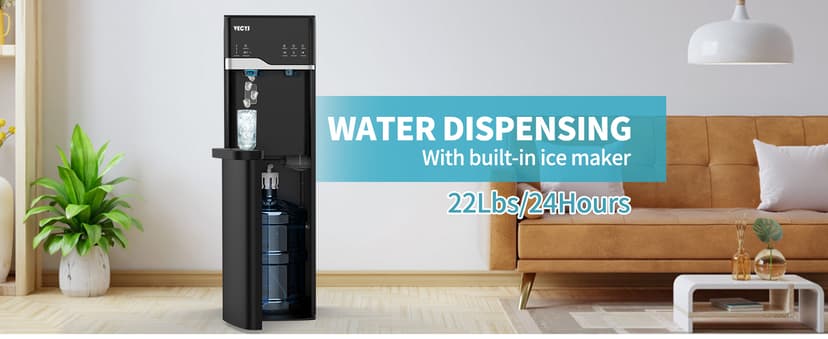 VECYS Self-Clean Bottom Loading Ice Maker Water Dispenser for 5 Gallon Bottle, Hot Cold Room Water 22LBS Daily Ice Making, Child Safety Lock, Black