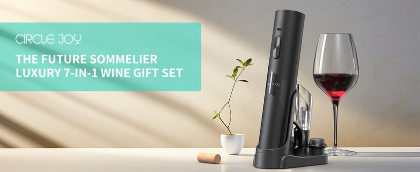 CIRCLE JOY Rechargeable Wine Opener Electric Wine Bottle Opener 7-in-1 Wine Gift Set with Electric Vacuum Pump, Charging Station, Foil Cutter, Wine Aerator Pourer and 2 Wine Stoppers