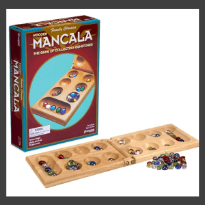 Pressman Mancala Board Game | Fun Classic Table for Adults & Kids | Includes 48 Glass Mancala Stones and Wood Hinged Playing Board | 2 Players, Ages 6+