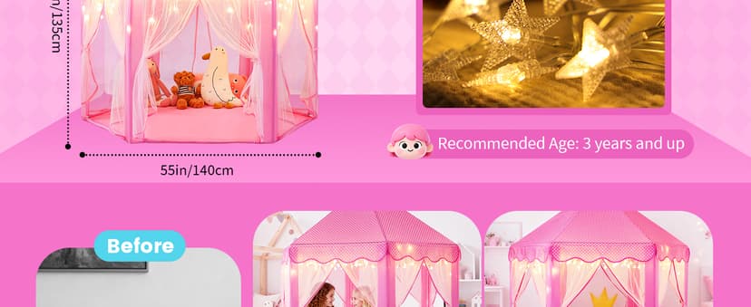 Monobeach Princess Tent Girls Large Playhouse Kids Castle Play Tent with Star Lights Toy for Children Indoor and Outdoor Games, 55'' x 53'' (DxH)