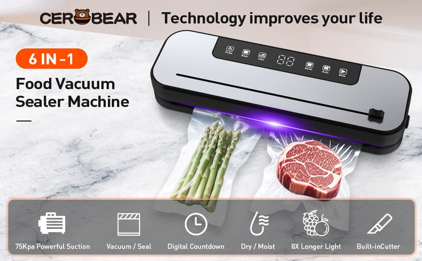 CEROBEAR Food Vacuum Sealer Machine, 75kpa Powerful Food Saver Vacuum Sealer Machine with Cutter, 6-in-1 Automatic Air Sealing for Food Storage, Sous Vide, Meat, Vegetables, Dry/Moist Modes