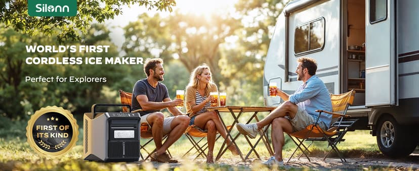 Silonn Battery-Powered Ice Maker with 4-Power, RV Ice Maker Countertop 12V/24V Car Charger 100-240V AC Solar-Ready, Portable Ice Machine 9 Cubes/6 Mins 22lbs/Day Auto-Clean for Camping RV Home Outdoor
