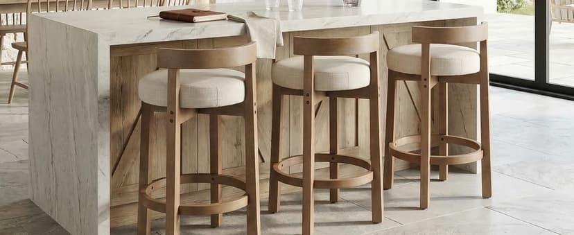 LukeAlon Mid Century Linen Counter Stools Set of 3, Upholstered 26.5" Seat Height Low Barstools with Natural Wood Legs Round Low Back Kitchen Stools with Footrest for Dining Room, Beige