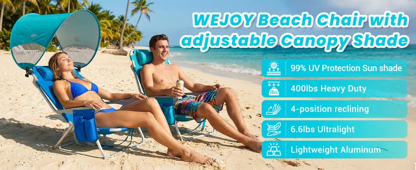 #WEJOY Beach Chair with Canopy Shade, Reclining Adjustable 4 Position, Lay Flat Lightweight Folding Portable Aluminum Chair with Backpack Straps,Padded headrest, Heavy Duty 400lbs Lawn Chair for Beach