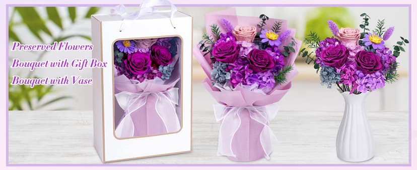 Waipfaru Preserved Flowers, Purple Fresh Bouquet with Gift Box, Flowers for Delivery, That Last 1-3 Years, Forever Flowers for Women Birthday Gift, Anniversary, Teacher, Mother Day
