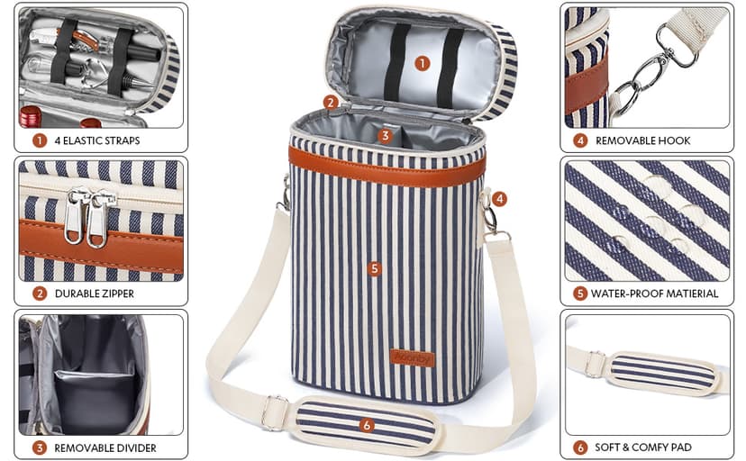 2 Bottle Wine Bag Wine Cooler Carrier Wine Gift Tote Bag, Leakproof & Insulated Bottle Bags for Travel, BYOB, Beach, Dinner, Party, Christmas Gifts for Wines Lovers Women Men - Black