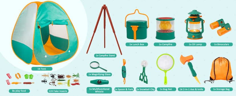 Meland Kids Camping Set with Tent - Toddler Toys for Boys with Campfire, Camping Toys for Kids Indoor Outdoor Pretend Play, Gift Idea for Boys Age 3,4,5,6 Year Old Birthday Christmas (Green)