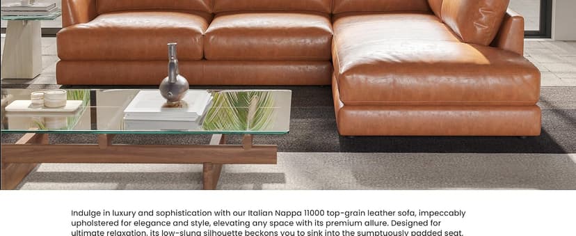 Valencia Serena 108" Full Leather Sectional Sofa with Left Bumper | Nappa 11000 Leather, Modern Low Profile Lounge Sofa | L Shaped Couch for Living Room Furniture,Cognac