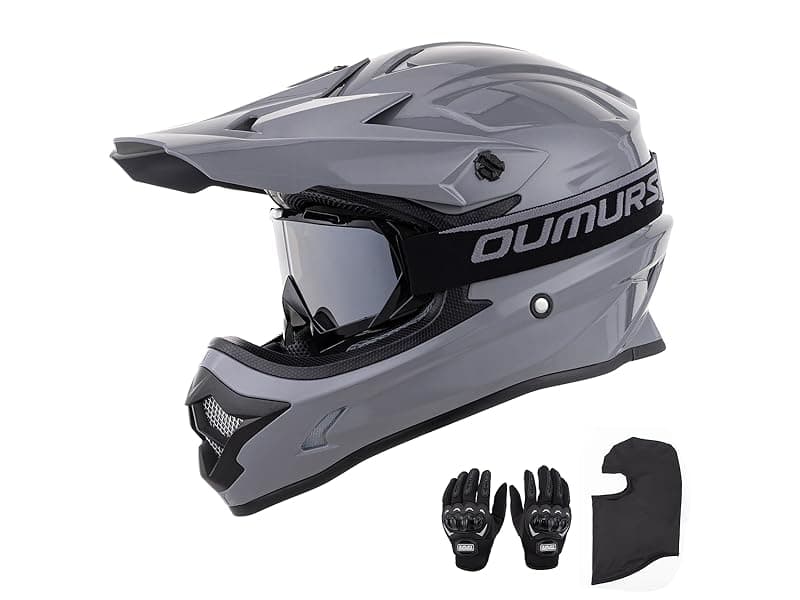 OUMURS Adult ATV Dirt Bike Helmet with Goggles Gloves & Mask Adjustable Sun Visor Motorcycle Adult Helmet Off-Road Motocross Downhill Moped MX for Unisex-Adult-Gray, L