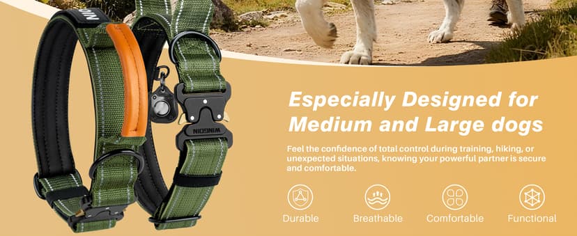 WINGOIN Tactical Dog Collar with AirTag Holder, Heavy Duty Reflective Padded Nylon Collar for Large Dogs, Quick Release Metal Buckle, Dogcollar for Training Walking Hunting, IPX5 Waterproof, Green,L