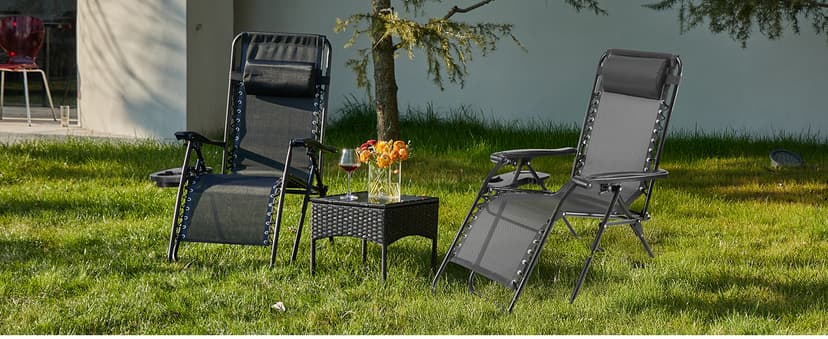 Sweetcrispy Zero Gravity Chairs, Set of 2 Portable Recliner Beach Camping Patio Outdoor Folding Lounge Chair with Cup Holder Trays and Adjustable Pillow for Poolside, Garden, Backyard, Lawn (Black)