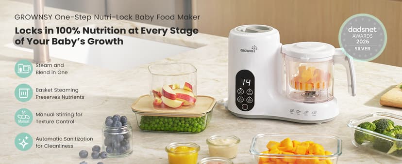 BPA-Free Elevated Steam Basket, Healthy Homemade Baby Food Purees, Starting Solids & BLW, Baby Feeding Essentials, 6+ Months Grownsy Baby Food Maker, Steamer & Blender Baby Food Processor, White B0DGL879NT