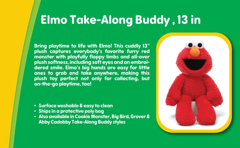 GUND Sesame Street Official Elmo Take Along Buddy Plush, Premium Plush Toy for Ages 1 & Up, Red, 13”