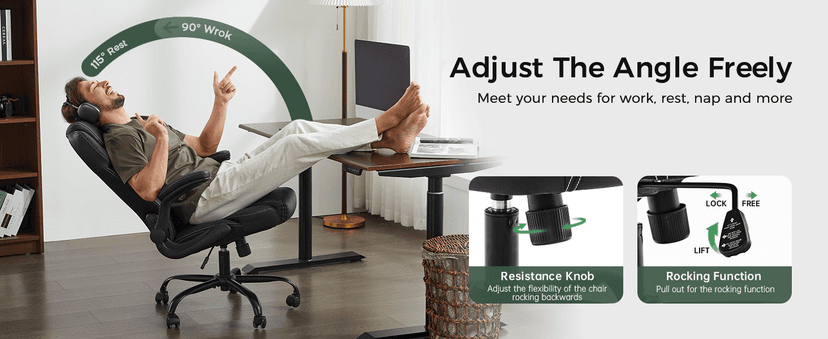 amseatec Office Chair, Executive PU Leather Chair, Ergonomic Computer Desk Chair with Lumbar Support and Adjustable Flip-Up Arms, Rocking Task Chair (Brow