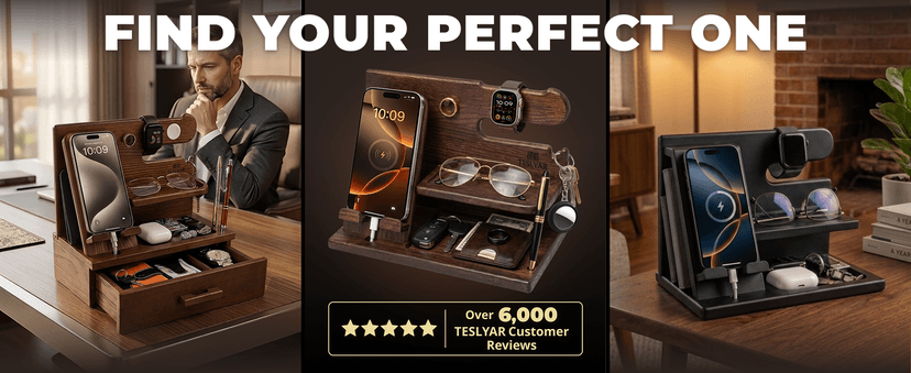 TESLYAR Wood Phone Docking Station for Men - Desk or Nightstand Organizer - Birthday Gifts for Husband, Dad - Anniversary Idea from Wife - Key Holder, Stand Wallet, Watch & Essentials (Bourbon Brown)