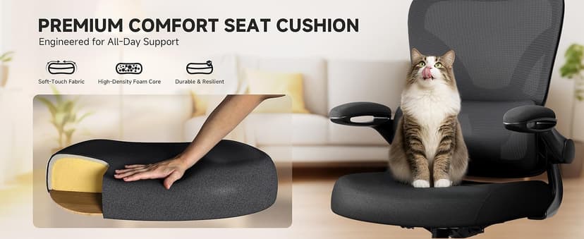 Ergonomic Office Chair, 330LBS Desk Chair with 3-Level Lumbar Support & Headrest, Breathable Mesh Backrest, Flip-Up Armrests for Home Office and Gaming, Black