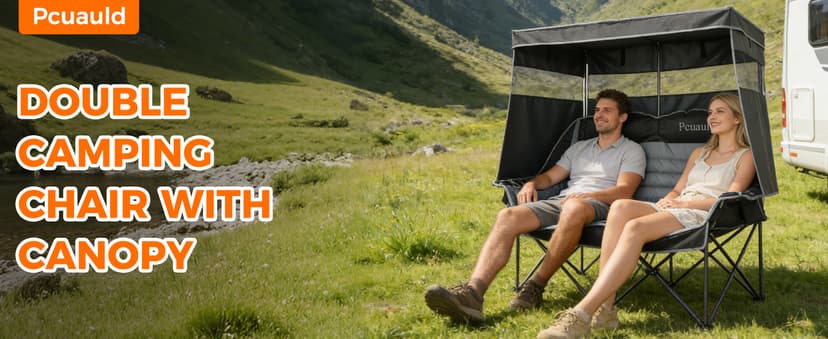 Double Camping Chair with Canopy Heavy Duty 2 Person Folding Loveseat Beach Chair with Shade High Back Oversized Outdoor Camping Couch with Cup Holders & Wine Racks for Lawn, Fishing, Sports