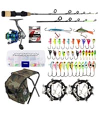 QualyQualy Ice Fishing Rod Reel Combo Complete Set Ice Fishing Gear with Backpack Seat Ice Cleats Ice Fishing Jigs Line Full Ice Fishing Kit 24" 26"