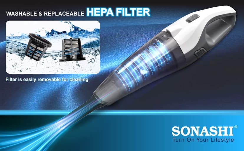 Sonashi Handheld Wet Dry Vacuum Cleaner 6000PA Suction, Dual HEPA Filters, Quick USB Charging - Portable for Automobile and Home Cleaning LED Light Portable Vacuum Cordless