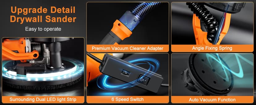 Drywall Sander, 1000W Popcorn Ceiling Removal Tool, Automatic Drywall Sander with Vacuum Dust Collection, LED Light, 6 Variable Speed 800-2200RPM, Foldable & Extendable Handle,15Pcs Sanding Discs