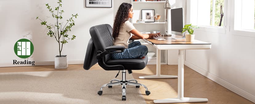 Criss Cross Office Chair with 2-in-1 Flip Backrest – Ergonomic PU Leather Floor Sitting Chair, Adjustable Height, 360° Swivel & Flip-Up Arms, Extra-Wide Seat for Home Office, Vanity, Nail Salon-Black