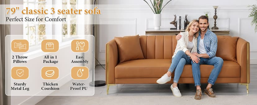 FOTOSOK 78'' Couch Sofa, Modern Leather Couches for Living Room, Comfy, Faux Leather Sofa 3 Seater Sofa with 2 Throw Pillows and Gold Metal Legs, Deep Seat Sofas (Brown)