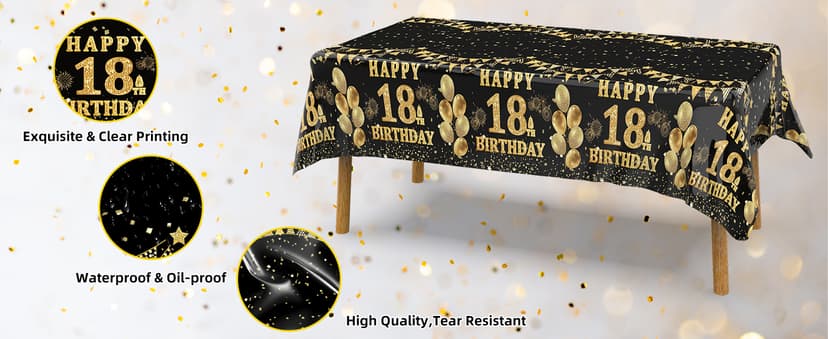 Labeol 3 Pack 18th Birthday Tablecloth, Black and Gold Happy 18th Birthday Decorations, Disposable Plastic Rectangular Table Cover Party Supplies for Boys Girls