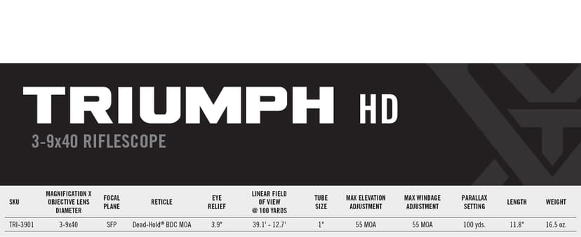 Vortex Triumph HD 3-9x40 Second Focal Plane, 1-inch Tube Riflescope Kit - Dead-Hold BDC (MOA) Reticle, 1" Hunter Rings - 0.90" Low Height, Neoprene Cover - Unlimited, Unconditional Warranty