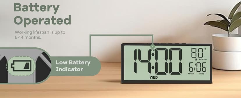 JALL 14.5" Large Digital Wall Clock Battery Operated with Big Digits LCD Screen Display, Day, Date, Alarm, Auto DST, Temperature for Living Room, Bedroom, Desk Decor, Mounted, Gift for Elderly