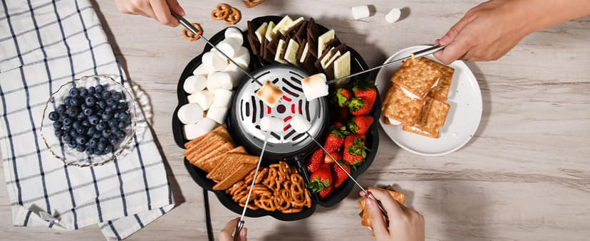 2 in 1 Electric S’mores Maker & Fondue Pot, Tabletop Indoor Smores kit with 4 Roasting Forks, 4 Detachable Trays & 1 Flameless Temperature-controlled Heater, Movie Night Supplies & Housewarming Gifts