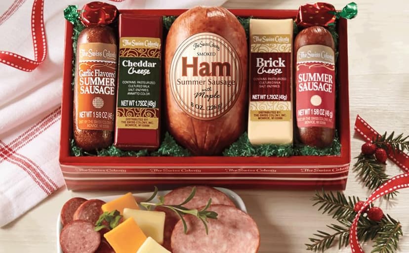 2 Holiday Gift Boxes - The Swiss Colony High 5 Food Bundle - Assorted Summer Sausages and Cheeses, Includes 2 Gift Boxes