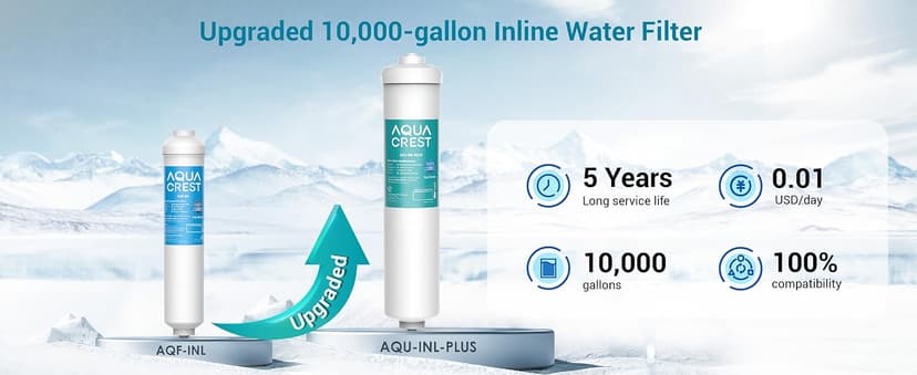AQUA CREST INL-PLUS 5 years Inline Water Filter for Refrigerator and Ice Maker, High Capacity, 1/4-Inch Direct Connect Fittings, Easy Installation, Reduces Chlorine, Sediment, Bad Taste & Odor