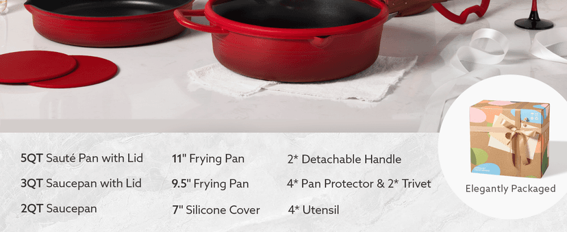 Non-Stick, Non-Toxic, Induction Compatible, Dishwasher & Oven Safe, Space Saving, Camping Cooking, House Warming Gift, Red CAROTE 20pcs Titanium Cookware Set, Detachable Handle Pots and Pans Set B0G6DTV7NG