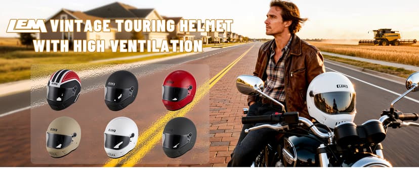 LEM Motorcycle Helmet Full Face for Men and Women, Retro Vintage Classic Open Face Style, Lightweight Fiberglass Shell, DOT Certified, for Cruiser, Cafe Racer, Scooter, Commuter (White, Size XL) Kick