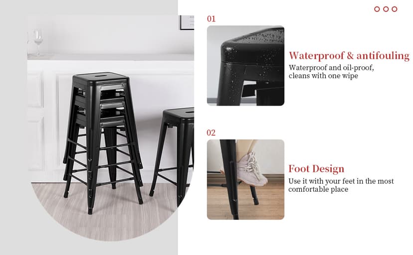 FDW Metal Bar Stools Set of 4 Counter Height Bar Stools 24 Inches Industrial Bar Chairs Patio Stool Stackable Backless Stool Indoor Outdoor Metal Kitchen Stools Bar Chairs (Black, 24")