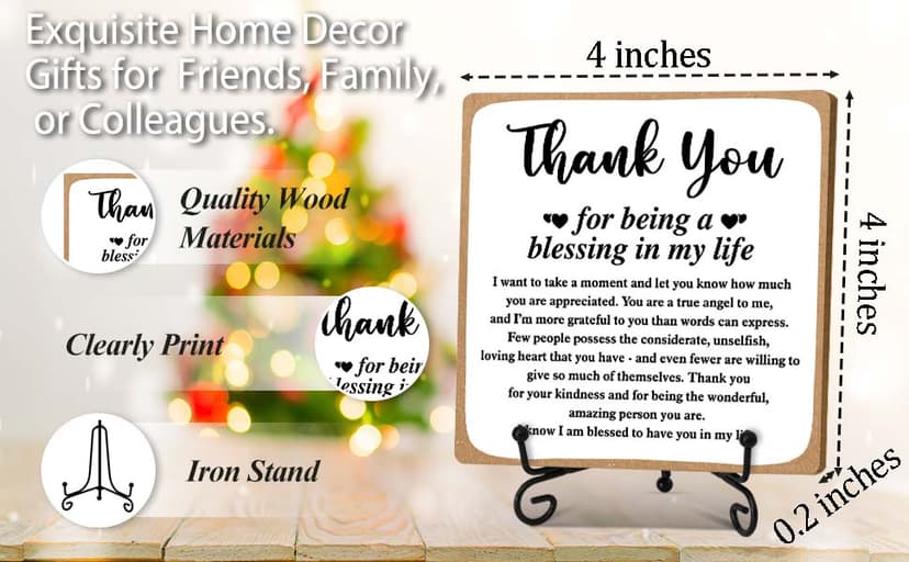 Thank You Gifts for Women Men Friends Mom, Thank You for Being A Blessing in My Life Wooden Plaque with Stand, Thanksgiving Day Gifts for Family Member Desk Decor - B75