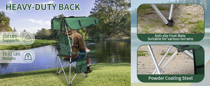 Portable Camping Chair with Canopy Shade - Folding Lounge Chair with Cup Holder & Side Pocket for Outdoor Camping, Fishing, Beach - Support 330 LBS - Green