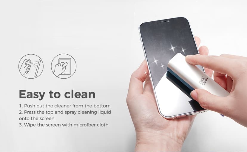 CLICK CLEAN Screen Cleaner, Fingerprint Proof Screen Cleaner Spray, All-in-One Cleaner with Microfiber, Shell and Phone Stand for All Phones, Laptop and Tablet Screens (Grey)