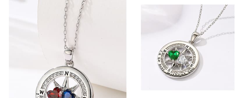 Exquisite Silver Double Birthstone Necklace Jewelry ‘I'd be Lost Without You’ Compass Birthstones Necklace Anniversary Birthday Gift for Wife Her B0GRGDWLWL