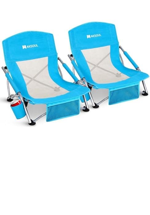 AKSOUL Folding Beach Chair for Adults: Low/High Back Chairs with Carry Bag - Extra Wide Seat Chair with Comfortable Pillow & Storage Pocket (1 Pack & 2 Pack, Blue)