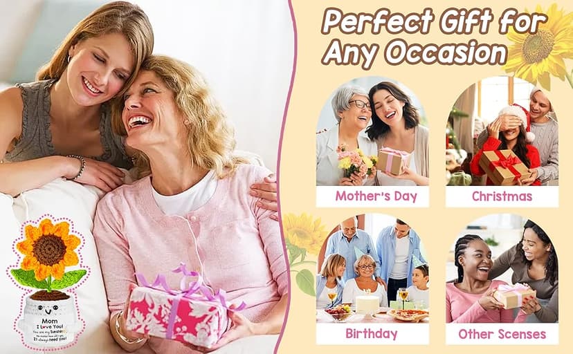 Gifts for Mom, Birthday Gift for Mom, Handmade Crochet Flowers Sunflower for Home Office Desk Decoration, I Love You Gifts for Moms Mama from Daughter Son Kids, Mothers Day, Xmas Present Idea