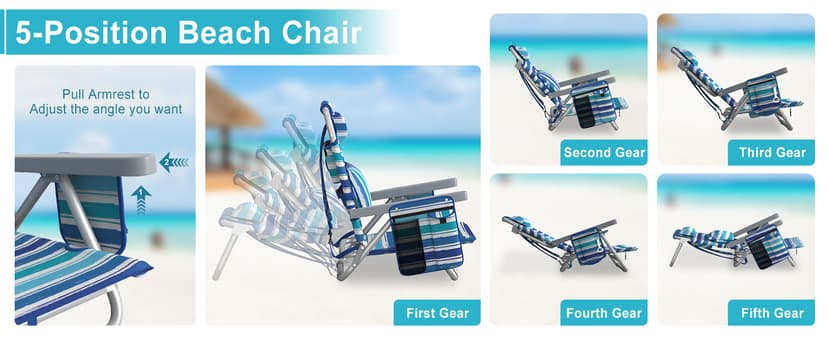 Suteck Backpack Beach Chairs for Adults, 5-Position Lay Flat Reclining Chair with Cooler Pouch, Cup Holder, Towel Bar, 2-Pack Portable Folding Beach Chair for Lawn Outdoor (1, Light Blue)