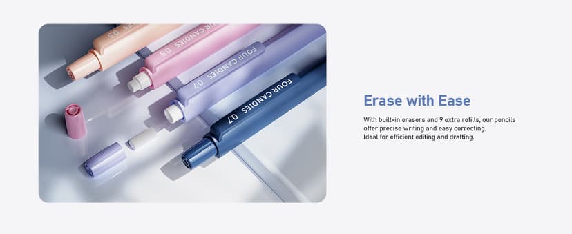 Four Candies Cute Mechanical Pencil Set, 6PCS Pastel Mechanical Pencils 0.5 mm & 0.7mm & 0.9mm with 360PCS Leads, 3PCS Erasers and 9PCS Eraser Refills, Aesthetic Pencils for Girls Writing, Art Drawing