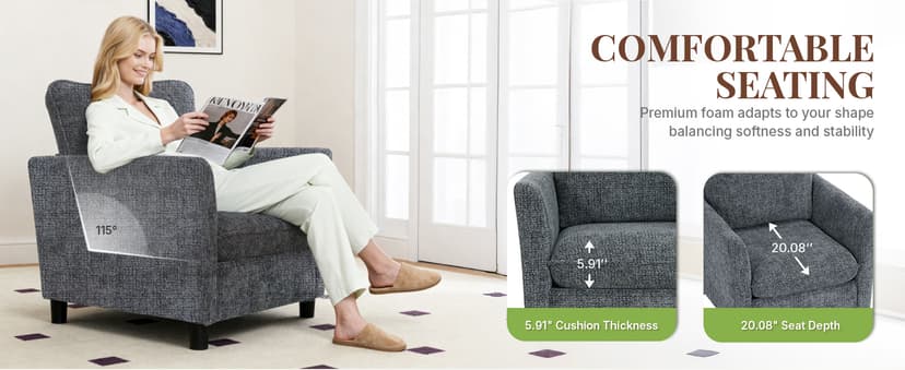 Accent Chairs for Living Room Chairs, Reading Chair Mid Century Modern Chair, Soft Chenille Sofa Chair, Upholstered Arm Chair Comfy Chair Side Chair
