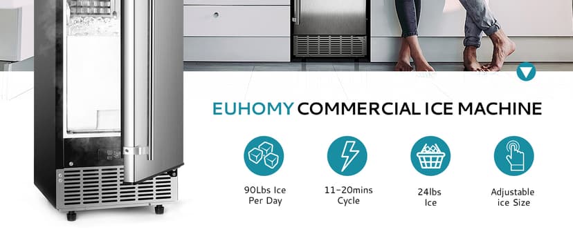 EUHOMY 15" W Commercial Under Counter Ice Maker Machine, 90 Lb/Day Auto-Cleaning & 24H Timer, Gravity Drainage,Stainless Steel Built-in Freestanding Ice Maker, 24 Lb Bin, Ideal for Commercial & Home