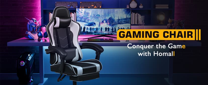 Homall Gaming Chair, Video Game Chair with Footrest and Massage Lumbar Support, Ergonomic Computer Chair Height Adjustable with Swivel Seat and Headrest (White)
