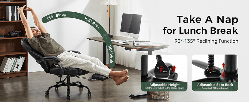 amseatec Office Chair, Big and Tall Office Chair with Foot Rest Ergonomic Chair for Home Desk, Reclining High Back Leather Chairs with Lumbar Support(Black)