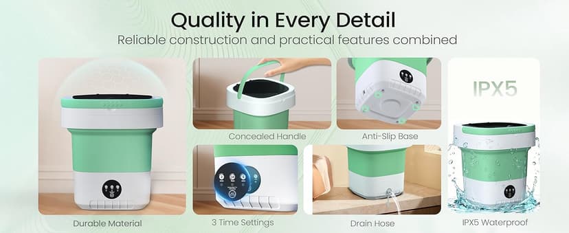 Portable Washing Machine - 16L Mini Foldable Washer with Spin Basket, Deep Cleaning for Small Clothes & 3 Cleaning Modes, Collapsible Laundry for Apartment, Dorm, Hotel, RV and Travel (Green)